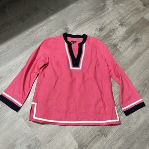 Talbots Linen Embroidered Pink Tunic V-Neck‎ Top 3/4 Sleeve Sz SP Boxy Boho
